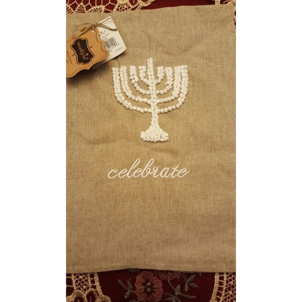 Mud pie oatmeal linen French‎ knot embroidered Menorah Hand towel